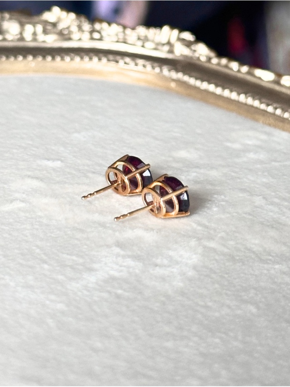 14k Yellow Gold Natural Garnet Oval Stud Earrings - Picture 2 of 10
